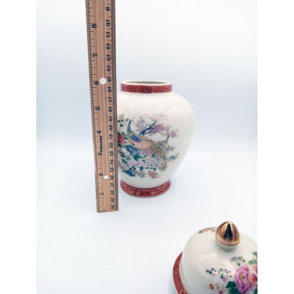 Japanese Satsuma Ware Porcelain Ginger Jar Peacock & Flower Design Japan Crazing - Picture 3 of 16